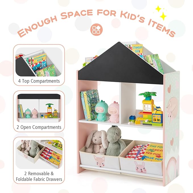 HONEY JOY Toy Storage Organizer, Wooden Dollhouse Bookcase w/Blackboard, Whiteboard, Storage Bins, Toddler Book Shelf, Children Toy Display Chest Cubby, Kids Bookshelf for Playroom Nursery (Pink)