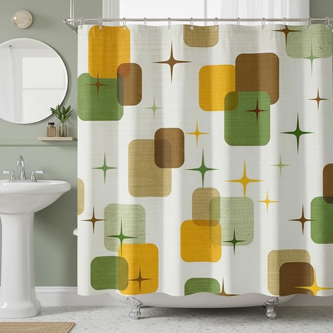 Mid-Century Modern Shower Curtain, Retro Geometric Atomic Starburst Design, Vintage 1950s Abstract Shapes Aesthetic Bathroom Decor, Waterproof Fabric, 72x72 Inch.