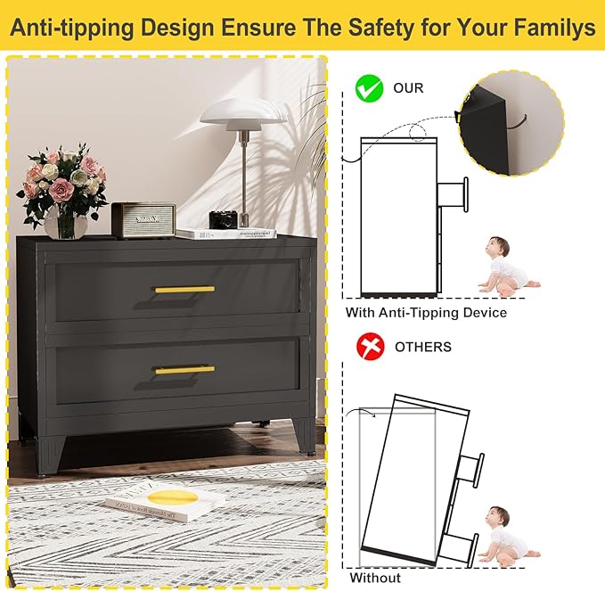 24.8" Tall Metal Dresser for Bedroom, 2 Drawer Nightstand, Side Table, Under Desk Steel Storage Drawer Cabinet, File Drawer for Home Office,Living Room, Entryway, Hallway
