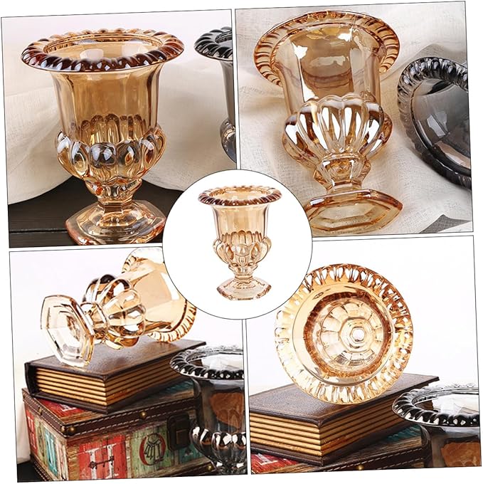STOBAZA Vintage Glass Decorative Vase with Flanging Embossed Design Amber Wine Glass Shape for Home and Office Decor Elegant Floral Ornament for Living and Dining Table Accents