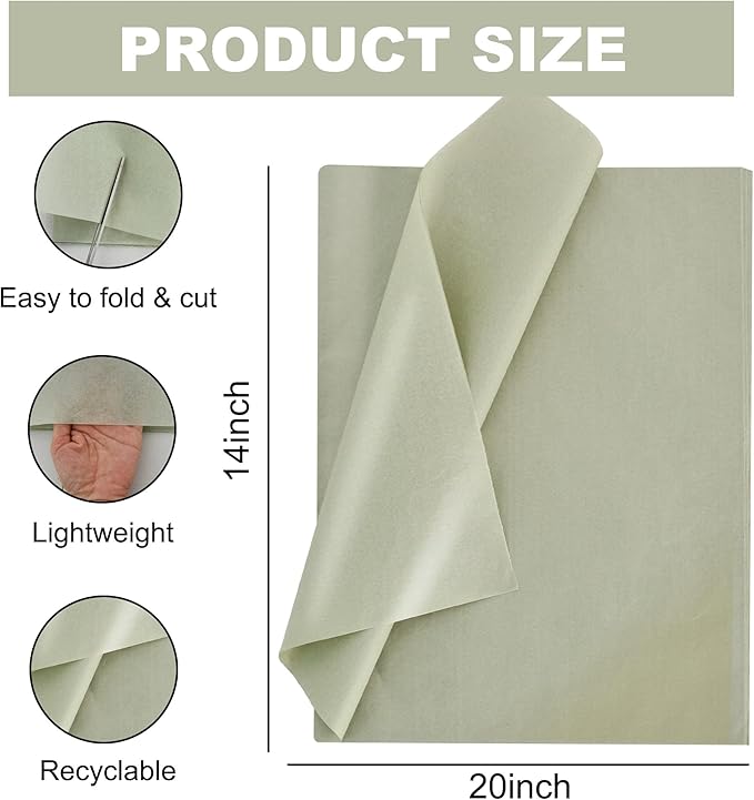 BEISHIDA 100 Sheets Sage Green Tissue Paper Bulk, Wrapping Tissue Paper for Gift Bags, 14 x 20 Inch Gift Wrap for Birthday Wedding Graduation DIY Crafts Holiday Flowers