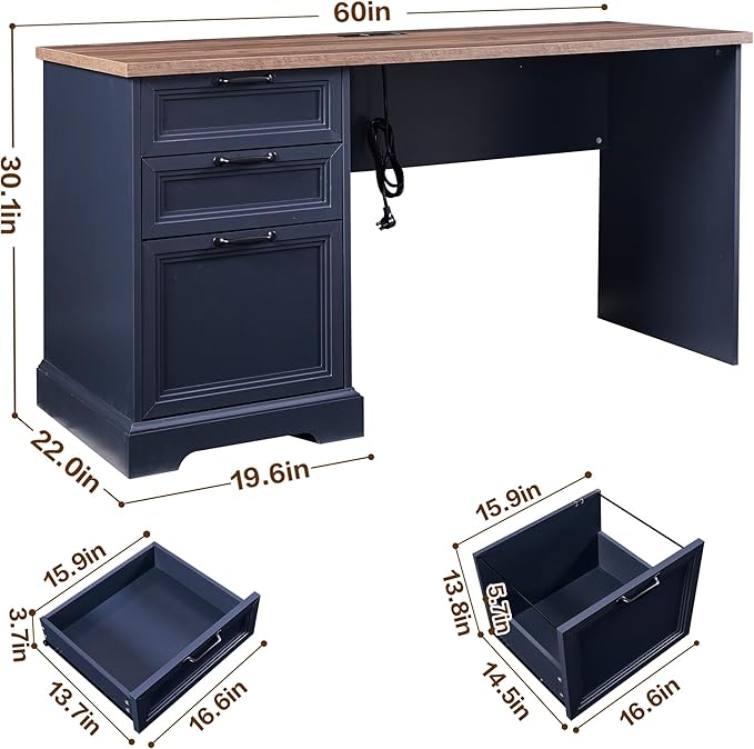 60" Farmhouse Executive Desk with Charging Station,Home Office Desk with 2 Drawers &1 File Cabinet,Fluted Computer Desk for Office and Home (Blue)