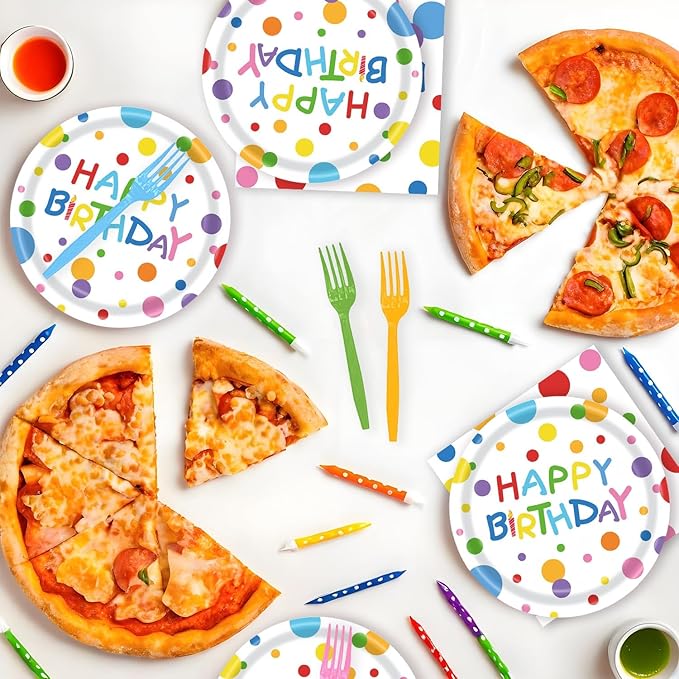 72Pcs Happy Birthday Plates and Napkins, Colorful Dots Paper Plates and Napkins Forks 7inch Disposable Cake Dessert Plates Tableware Decorations for Boys Girls Birthday Party, Serve 24
