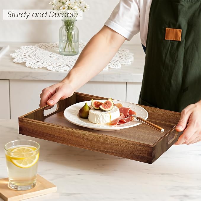 Acacia Serving Trays - 2 Pack, Acacia Wood Serving Platterss, Wood Serving Tray, Decorative Trays for Breakfast, Brunch, Dinner, Coffee Table, Party, Kitchen-M