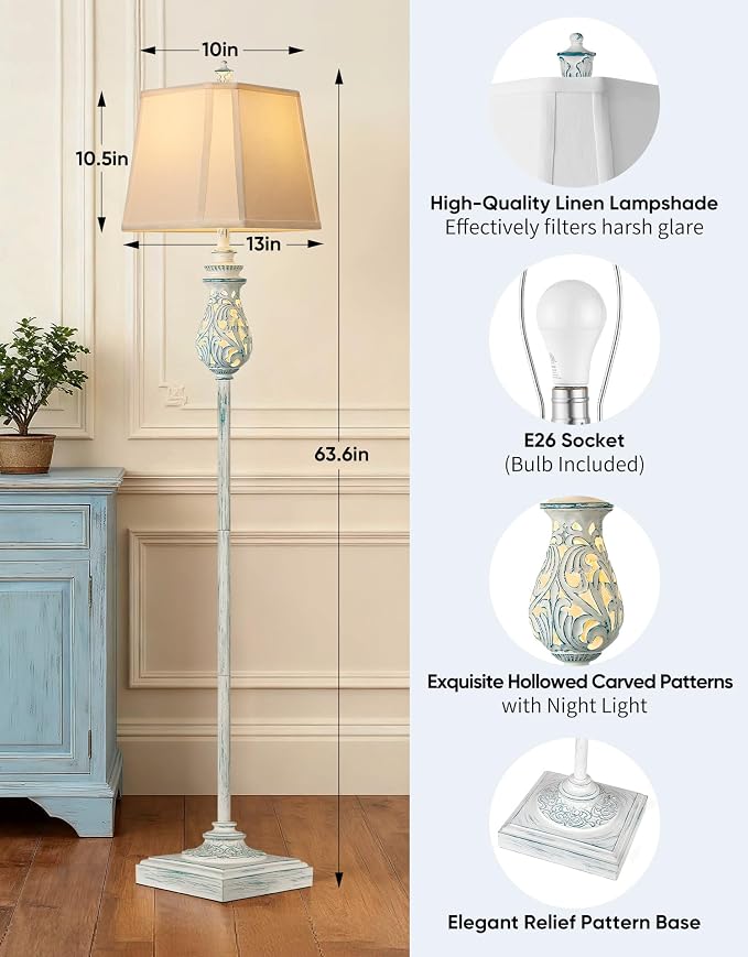64'' Vintage Floor Lamp with Nightlight, Rustic Farmhouse Tall Standing Lamp with Rotary Switch and White Linen Shade for Living Room, Corner, Bedroom, House Decor, Wash Blue (Bulb Included)