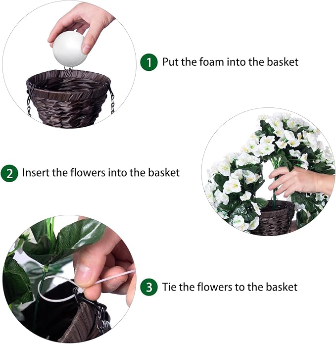 HyeFlora Artificial Faux Hanging White Flowers Plants Basket for Outdoor Outside Christmas Winter Decor, Fake UV Resistant Realistic Morning Glory Flowers for Porch Home Balcony Yard Patio Decoration