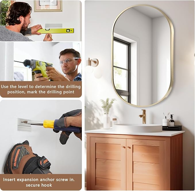 Gold Oval Mirror, 22"x30" Oval Bathroom Mirror, Vanity Mirror with Brushed Metal Frame, Wall Mount Mirrors Decor for Bathroom, Bedroom, Entryway, Living Room(Hangs Horizontally or Vertically)