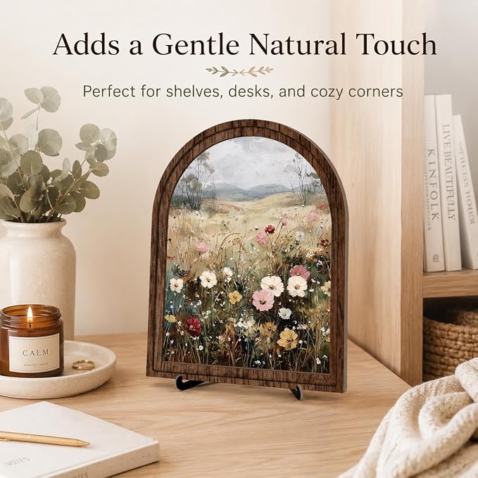 Rustic Farmhouse Tabletop Decor Sign, Arched Wooden Frame with Stand, Soft Wildflower Meadow Art for Living Room Dining Room Bedroom, Warm Gift for Friends