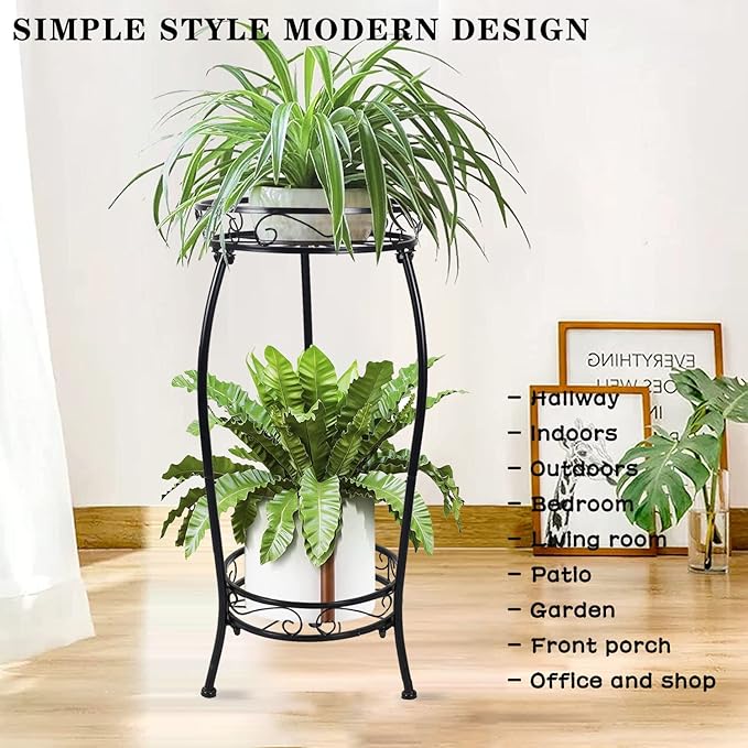 MOCORY Plant Stand Indoor Outdoor 2 Tier 25" Tall Metal Potted Holder Flower Pot Stand Heavy Duty Plant Shelf Rustproof Iron Multiple Plant Round Supports Rack for Planter Corner Garden Balcony Patio
