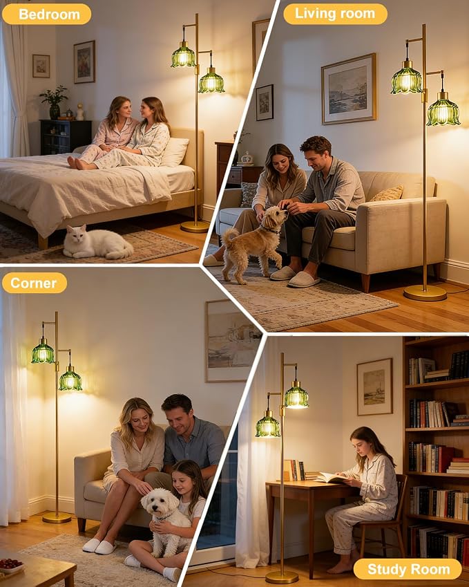 Lightdot 2- Light Gold Flower Floor Lamp, 65IN Green Glass Floor Lamps with 3000K Warm White Bulbs, Modern Standing Tall Lamp with 5Lbs Heavy Base for Living Room Bedroom Home Office Sofa Beside