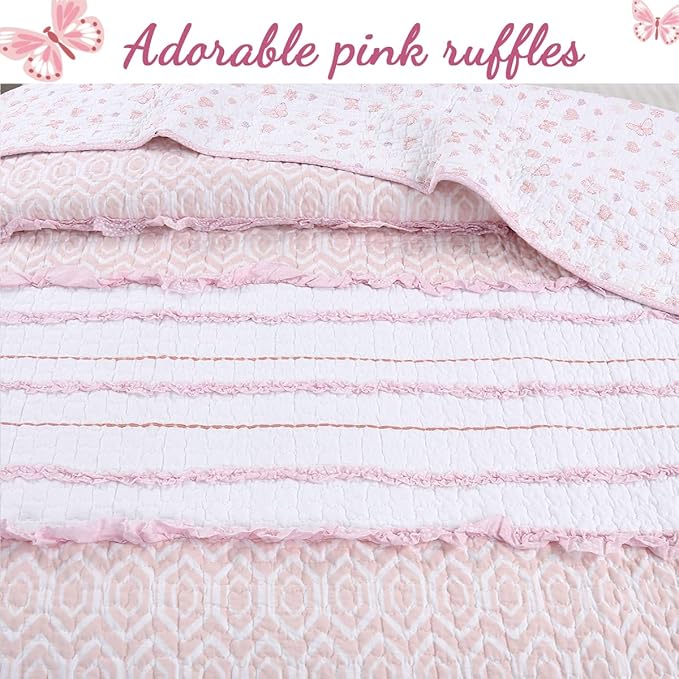 Cozy Line Home Fashions Pretty in Pink Girly Ruffle Stripped 100% Cotton Reversible Quilt Bedding Set, Coverlet, Bedspread (Pink Princess, Queen - 3 Piece: 1 Quilt + 2 Shams)