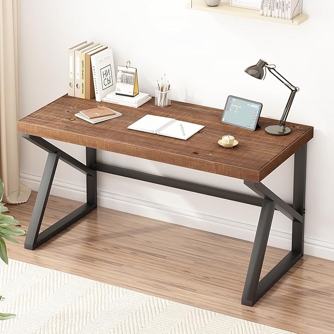 IBF Solid Real Wood Desk, Minimalist 47” Natural Wood Computer Desk, Rustic Desk for Home Office Writing Study, Vintage Industrial Wooden PC Gaming Workstation Computer Table, Brown, 47 Inch