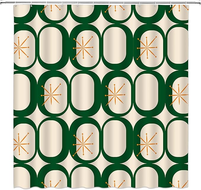 Mid Century Shower Curtain Modern Abstract Atomic Starbursts Squares Retro 50s Geometric Bathroom Decor Polyester Curtains with Hooks