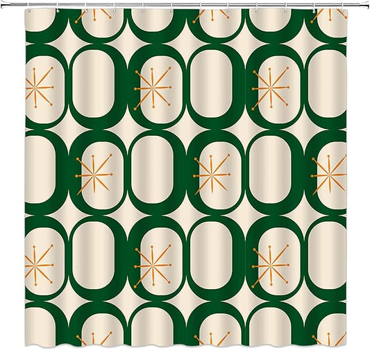 Mid Century Shower Curtain Modern Abstract Atomic Starbursts Squares Retro 50s Geometric Bathroom Decor Polyester Curtains with Hooks