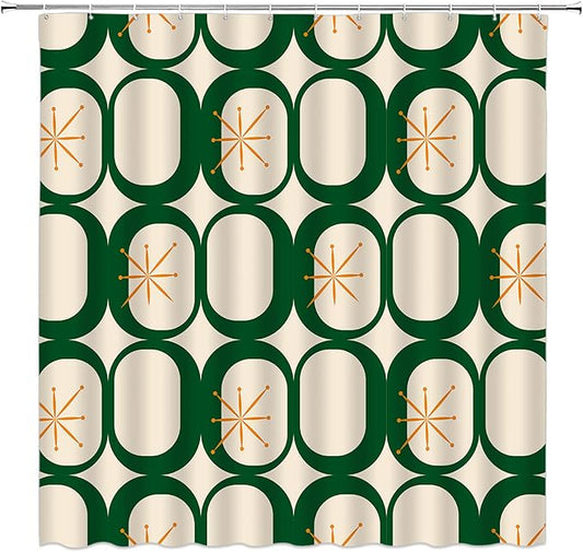 Mid Century Modern Extra Long Shower Curtain Abstract Atomic Geometric Round Squares Retro 50s Green Fabic with Hooks for Bathroom Decor,70x75 Inch