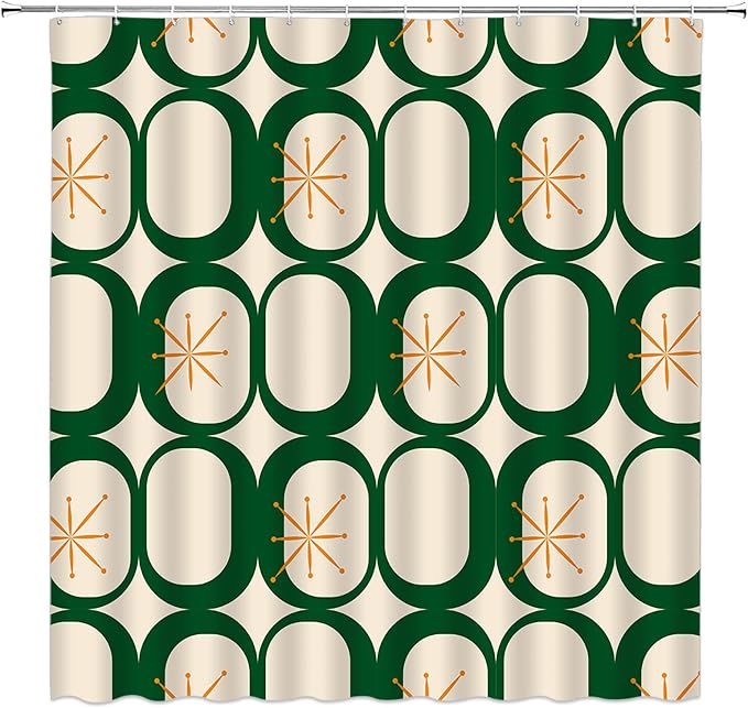 Mid Century Modern Extra Long Shower Curtain Abstract Atomic Geometric Round Squares Retro 50s Green Fabic with Hooks for Bathroom Decor,70x84 Inch