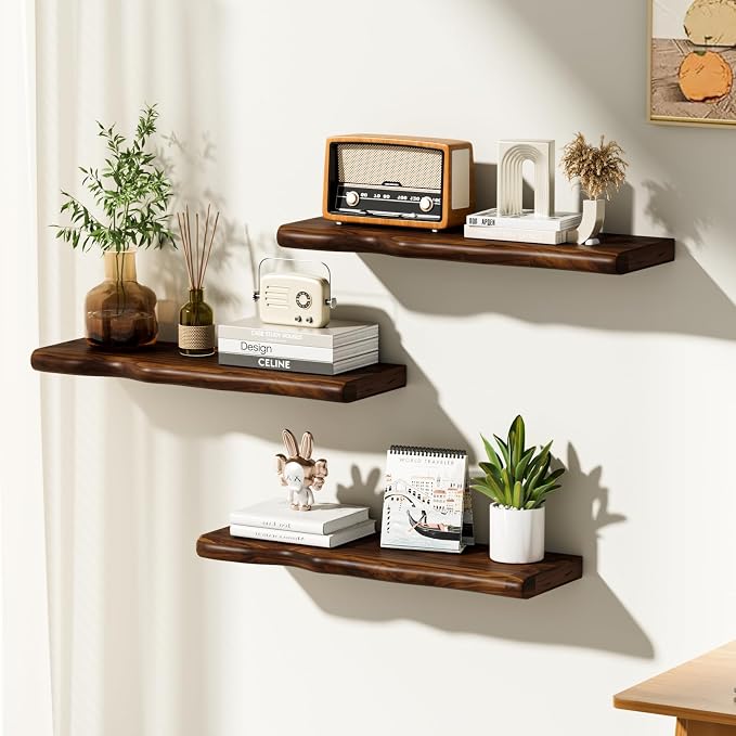 Solid Wood Live Edge Floating Shelves Set of 2 – 24" Rustic Wall Shelf with Hidden Bracket System, Wall Mounted Shelves for Bathroom, Kitchen, Living Room, Bedroom (Walnut)