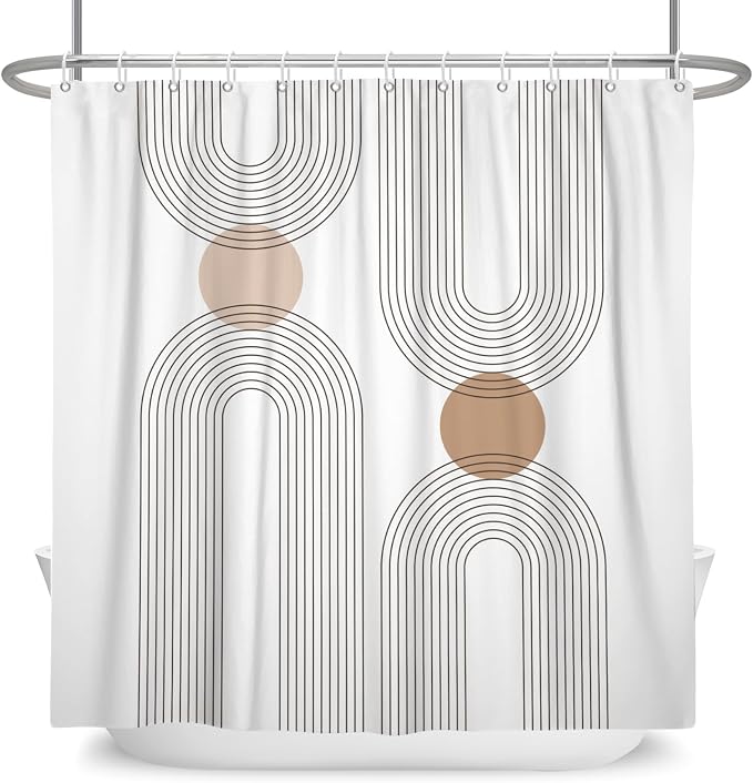 Mid Century Shower Curtain for Bathroom, Boho Sun Rainbow Modern Minimalist Geometric Shower Curtain, Abstract Arch Lines Modern Aesthetic Bathroom Decor Curtain Sets 48x72 inch