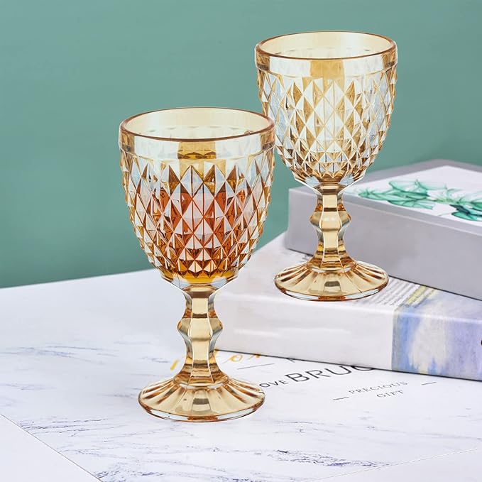 24 Pcs Vintage Wine Glasses, 10 Ounce Colored Glass Water Goblets, Unique Embossed Pattern High Clear Stemmed Glassware Wedding Party Bar Glass Drinking Cups, Diamond Amber Glasses Set of 24