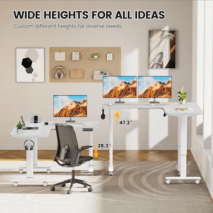 Flycity Electric L Shaped Standing Desk Adjustable Height, 63" x 55" Corner Stand Up Desk, Home Office Desk, Dual Motor Sit Stand Desk, Computer Desk with 3 Memory Preset & Lock, White