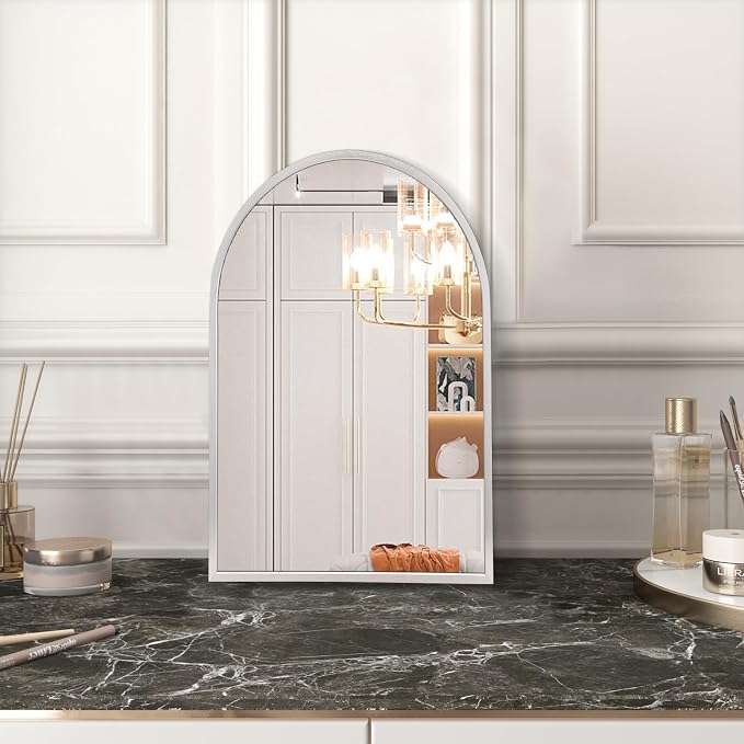Arched Wall Mirror, Silver Arch Brushed Metal Frame Bathroom Mirror, Arched Top Bathroom Vanity Mirrors for Living Room Bedroom Mantel Entryway Hallways Home Decor Aluminum Alloy Frame 16"x12"