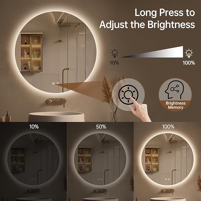 LOVESPEJO 24 Inch Round Backlit Bathroom Mirror with Lights, Circle LED Mirror for Bathroom, Fogless, Stepless Dimmable, 3 Color Changing, Memory, IP54, Shatterproof