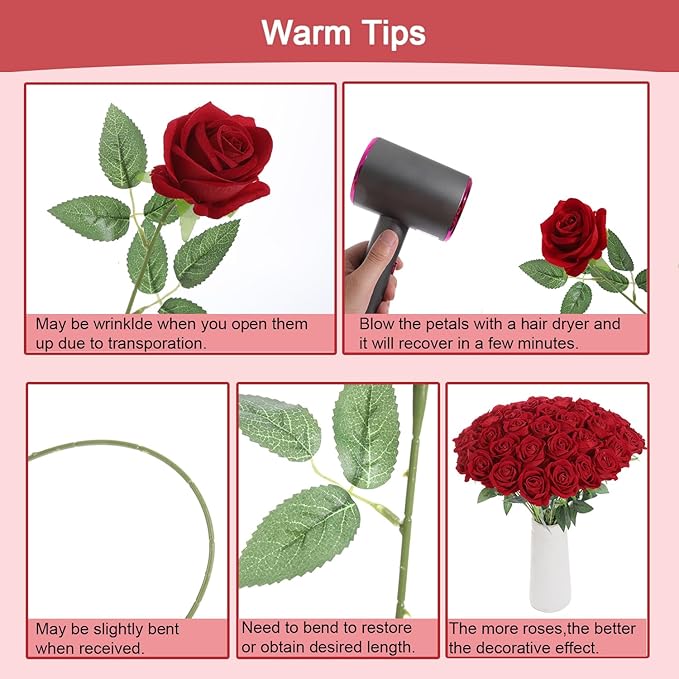 50Pcs Red Roses Artificial Flowers Fake Roses Faux Velvet Silk Flower for Home Wedding Decoration (Pearl Rose, Red)