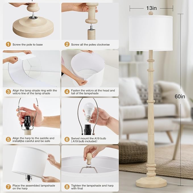 Floor Lamps for Living Room - 60" Resin Farmhouse Floor Lamp with Adjustable Color Temperatures - Vintage Standing Lamp Reading Light with Linen Shade Rustic Tall Lamp for Bedroom Office, Oatmeal Wash