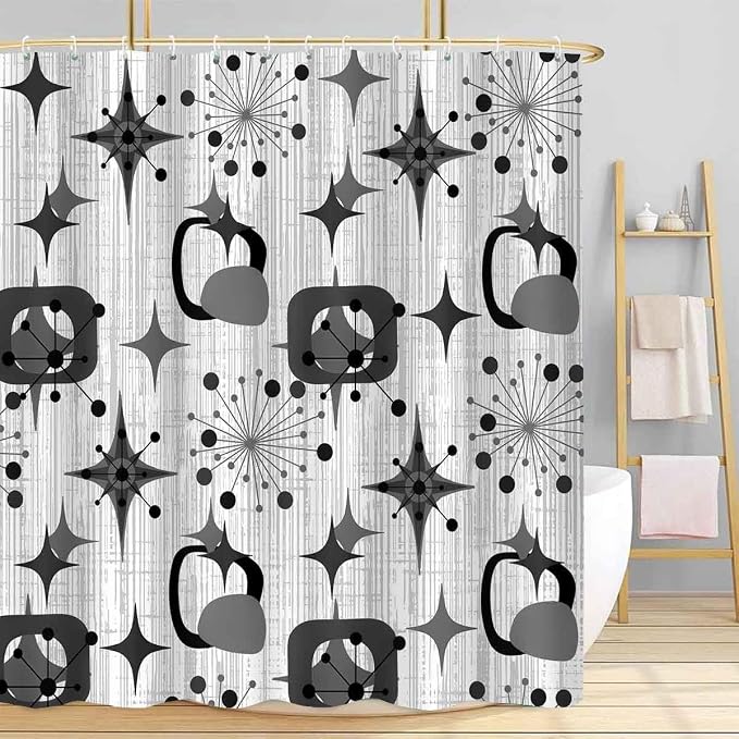 Mid Century Shower Curtain, 60x72inch, Modern Abstract Retro Grey Striped Geometric Shower Curtain Sets 1950s Boho Bathroom Shower Curtain with 10 Hooks