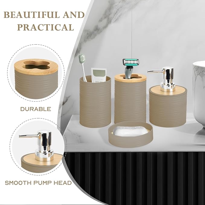 4 Pieces Bamboo Bathroom Accessories Set, Bathroom Accessory Set with Soap Dispenser and Toothbrush Holder, Soap Dish and Toothbrush Cup, Boho Bathroom Decor(Beige)