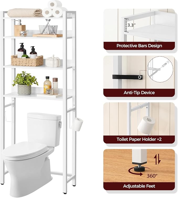 MAHANCRIS Over The Toilet Storage Rack, 4 Tier Bathroom Organizer Over Toilet, Freestanding Space Saver Toilet Stand with 2 Hooks, Bathroom Storage Shelf, Easy to Assemble, White TSBW0401