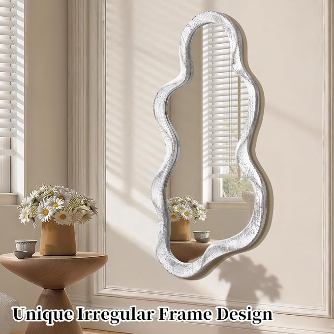 Irregular Wood Frame Mirror Asymmetrical Mirrors for Wall Unique Cloud Modern Living Room Bedroom Vanity Entryway Hallway Decorative Artistic Cute and Stylish Wall Mirror Large