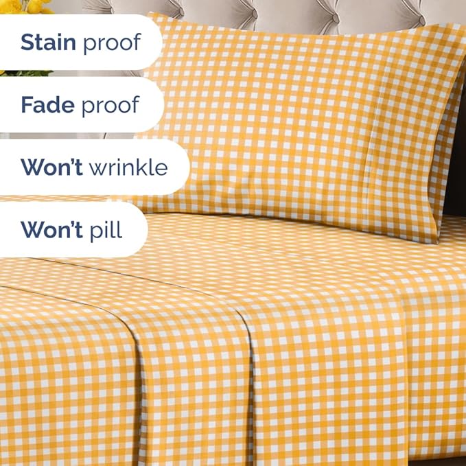 Yellow Gingham Sheets - 1 Flat & 1 Fitted Sheet & 1 Pillowcase w/ Deep Pockets - Grid, Plaid, Checkered Pattern Bed Set - Comfy, Wrinkle & Fade Resistant - Ultra-Soft, Breathable & Cooling -Twin Size