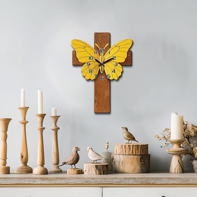 Cross Wall Clock Irregular Shape Decorative Wall Clock Butterfly Non-Ticking Clock for Home Office Decoration, 16.14×12.63 inch