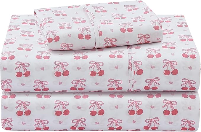Viviland 4 Pieces Girls Pink Full Sheet Set - Soft Microfiber Fitted Flat Sheets & Pillowcase - Pink Cherry Bow Print Bedding Sets - for Kids & Toddlers