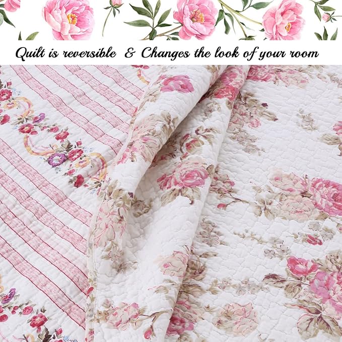 Cozy Line Home Fashions Romantic Pink Peony Floral 100% Cotton Reversible Quilt Bedding Set, Coverlet, Bedspread (Pink Peony, King - 3 Piece)