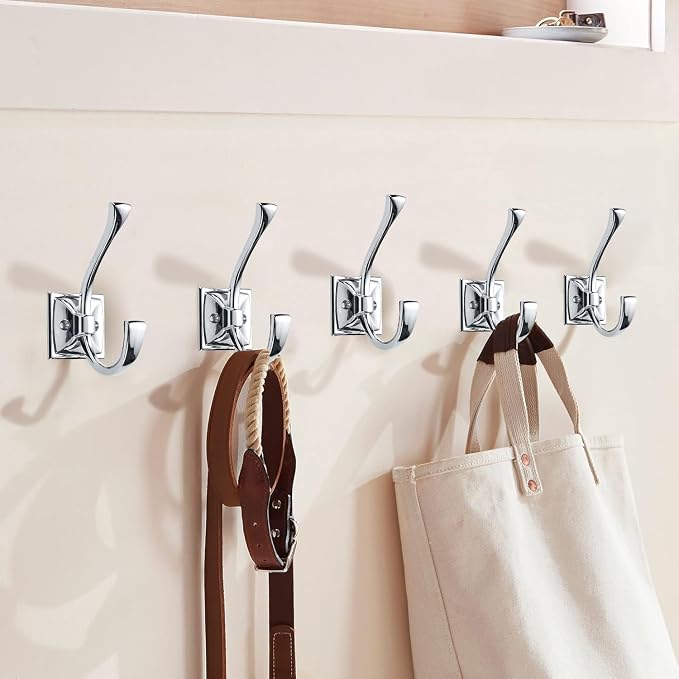 Large Wall Hooks 5 Pack Polished Chrome Coat Hardware for Hanging 4.35 Inch Double Robe Wall Mounted With Screws for Key, Towel, Bags, Cup, Hat