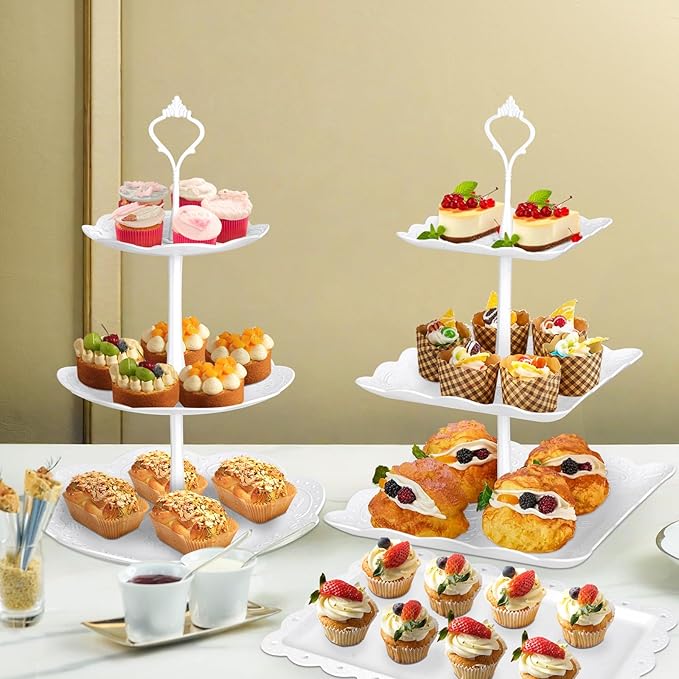 10 Pcs Cake Stand White Plastic Dessert Table Display Set 4 Pcs 3 Tired Cupcake Stand Cookie Tray Rack Serving Tray Cake Display Tower and 6 Pcs Dessert Trays for Wedding Baby Shower Tea Party (White)