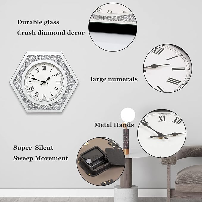 Large Wall Clock for Living Room Decor Crystal Crush Diamond Mirrored Sparkle Twinkle Bling Modern Wall Clock Big Silver Mirror Home Decorative 20 inch Silent Wall Clock for Indoor Decor