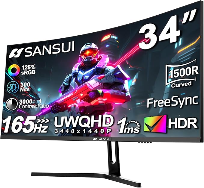 SANSUI 34-Inch Curved Gaming Monitor UWQHD 3440 x 1440 Up to 165Hz Curved 1500R - PIP/PBP, 1ms(MPRT), HDR, 300nits, sRGB 125%, DCI-P3 95%,FreeSync,HDMIx2,DP1.4 x2 (Cable Included)