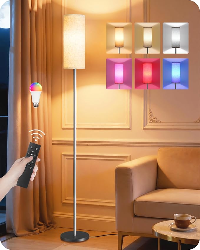 Dimmable Floor Lamp for Living Room with RGB Colors, Color Changing Ambient Lighting, Corner Standing Lamp for Bedroom - Remote, Foot Switch, Timer, Warm Cool White, 10W Smart Bulb Included RE06LD05W1