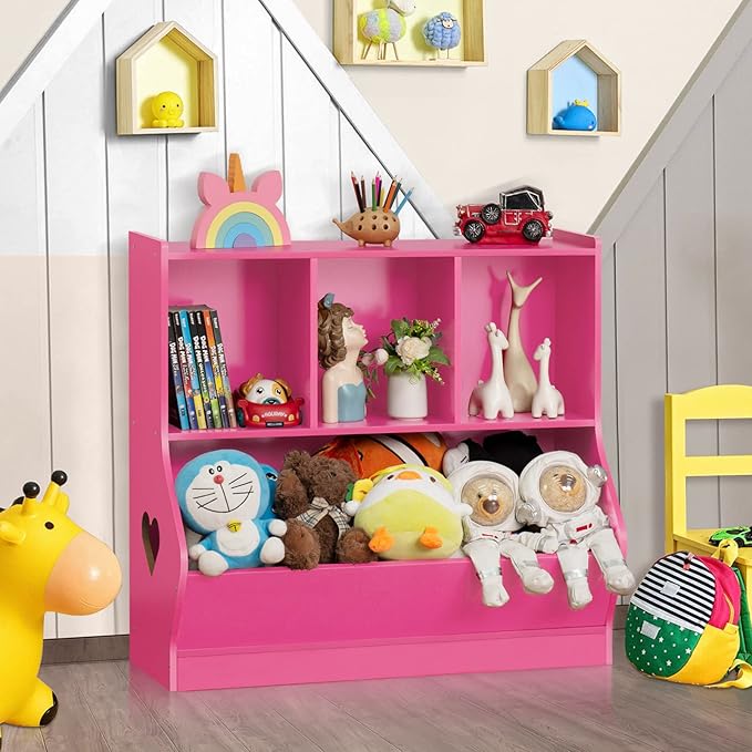 Lerliuo Kids Toy Storage Organizer, Children Small Bookcase and Bookshelf, Toddler 4 Cubby Toy Storage Cabinet, Toy Shelf for Playroom, Bedroom, Living Room, Nursery, School 29.53'' H (Pink)