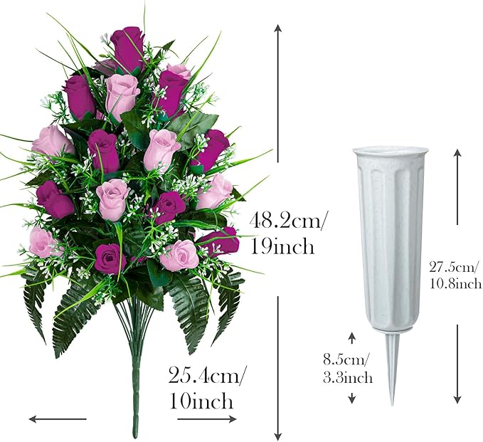 Artificial Cemetery Flowers - Set of 2 Grave Memorial Rose Flowers with Vase for Cemetery Headstones Gravesites Decoration (Purple & Pink)