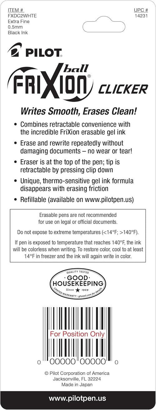 PILOT FriXion Ball Clicker Erasable Gel Ink Pens - Extra Fine Point 0.5mm, Black Ink, 2 Pack