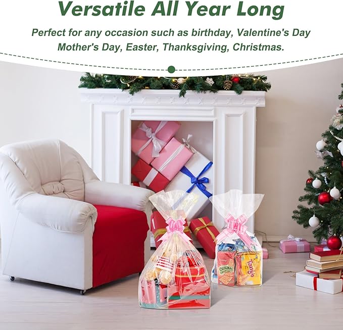 30 Packs 32 x 40 Inches Gift Wrap Cellophane Bags for Basket Extra-large Jumbo Clear Cellophane Wraps Clear Huge Cello Bags for Basket, Gift, Christmas Tree, Art and Craft, 30ct Light Pink Ribbon Bows