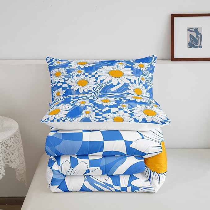 Castle Fairy Kids Abstract Bedding Comforters King Size,White Daisy Flowers Boys Girls Comforter Set Room Decor,Blue Zebra Stripes Geometric Plaid Modern 3pcs Bedding Set Chic Xmas Present
