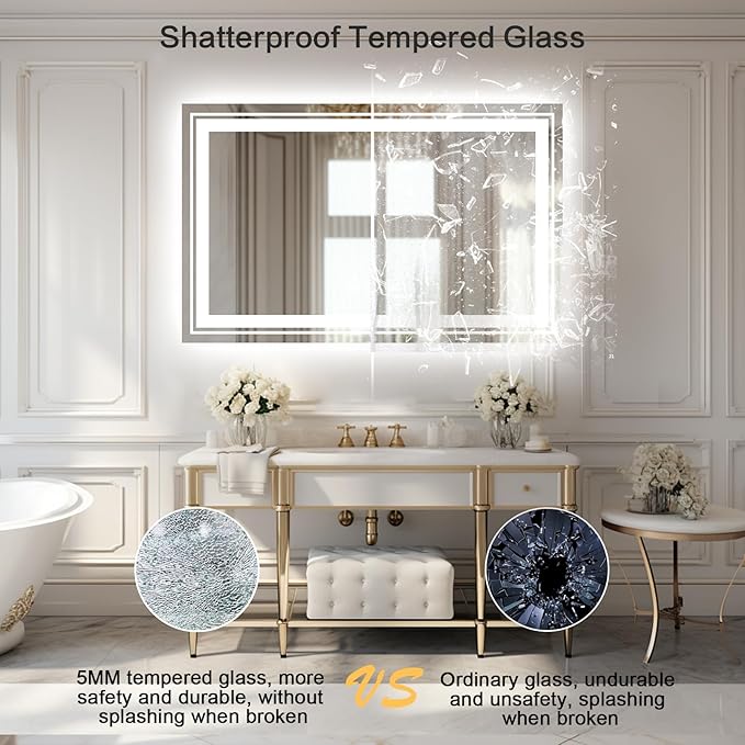 WTTY LED Bathroom Mirror with Light 40"x32",Modern LED Mirror for Bathroom,Stepless Dimmable Lighted Bathroom Mirror with Anti-Fog,Memory Function,Shatter-Proof