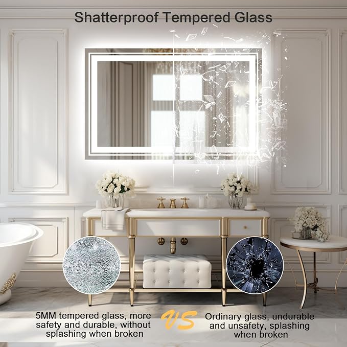 WTTY LED Bathroom Mirror 48"x32" with Back and Front Light,Modern LED Mirror for Bathroom,Dimmable Lighted Bathroom Vanity Mirror with Anti-Fog,Memory Function,Shatter-Proof,Wall Mounted