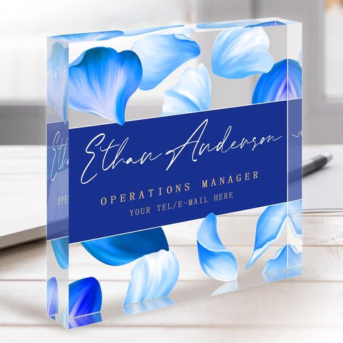 Custom Professional Office Desk Signs - Personalized Acrylic Name Plates | Unique Employee Appreciation Gifts - Square (Blue Petals)