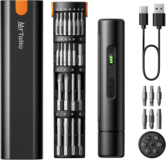 MrToNo Electric Screwdriver, Cordless Screwdriver Set, Power Screwdriver Set, 3 Torque Settings, 1500mAh Battery, 33 Magnetic Bits, LED Light, Rechargeable Tool for Furniture, DIY, Household Repair